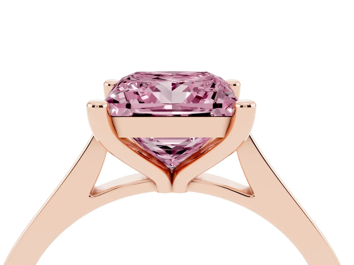 Fancy Pink Princess Cut Solitaire Diamond Ring with Four-Prong Setting and Tapered Band Rose gold