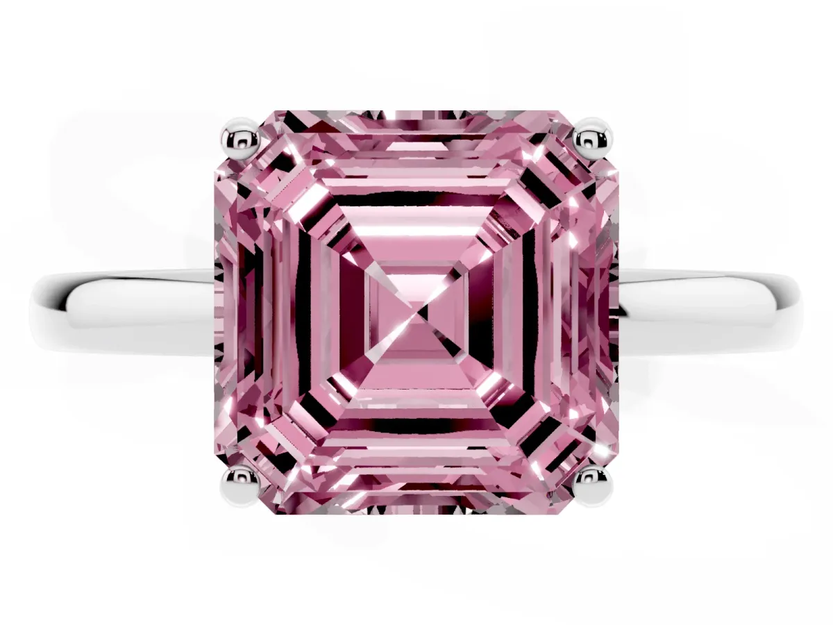 Fancy Pink Asscher Cut Solitaire Diamond Ring with Prong Setting and Plain Band White gold