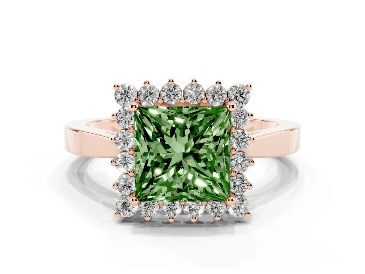 Fancy Green Princess Cut Cut Diamond Halo Ring with Round Brilliant Halo and Solitaire Band Rose gold