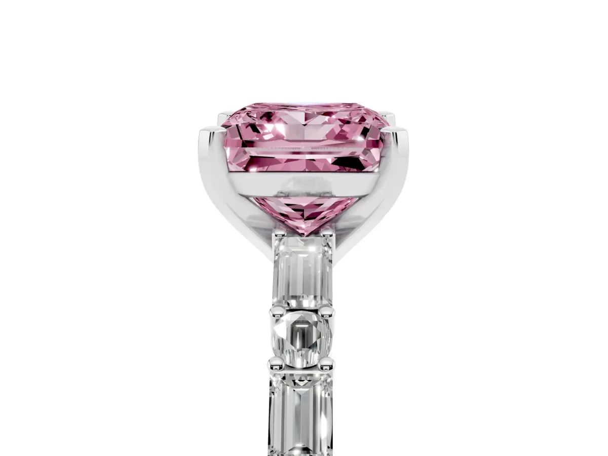 Fancy Pink Princess Cut Diamond Solitaire with Side Baguettes and Channel Set Band Silver
