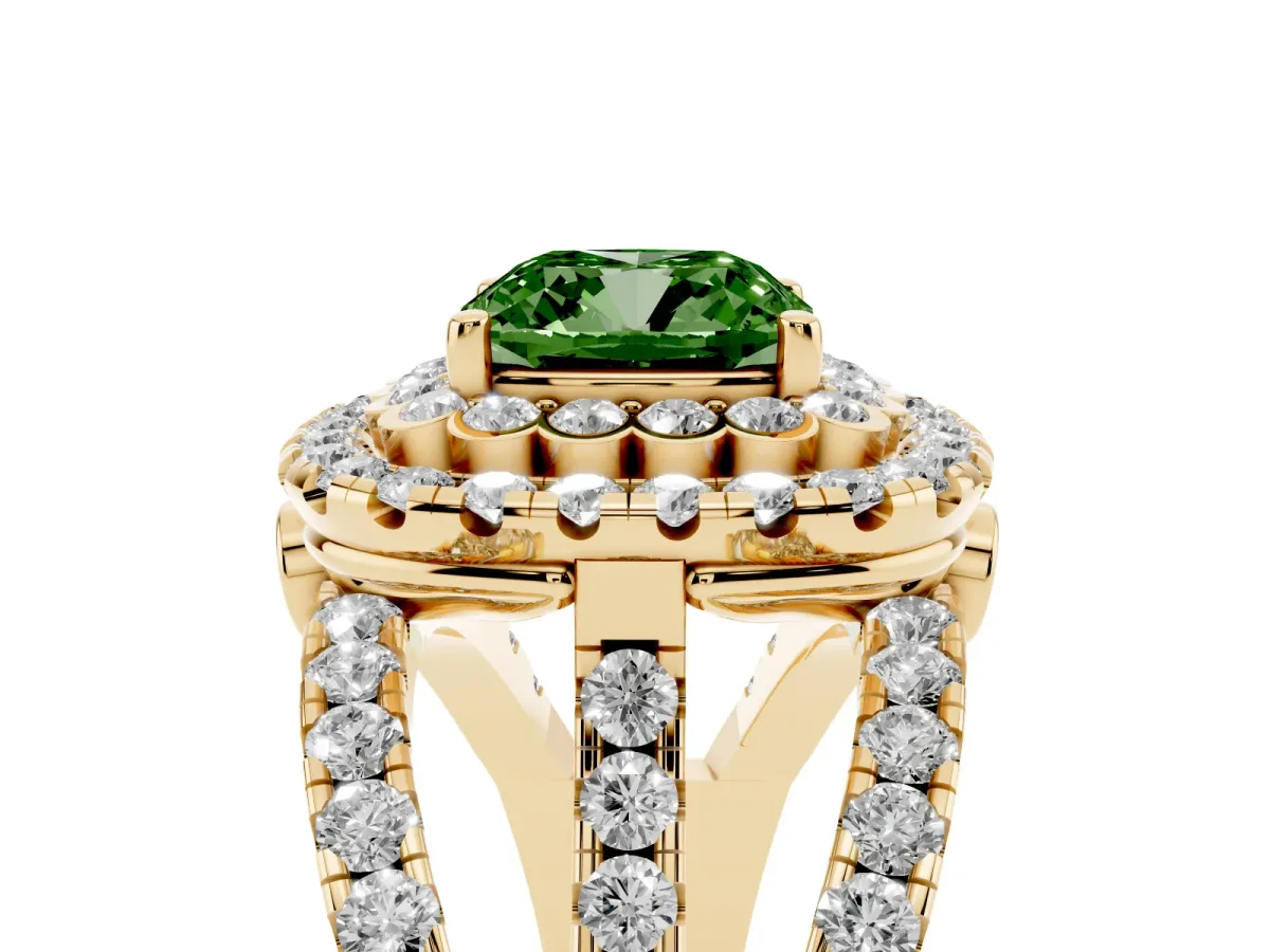 Fancy Green Cushion Cut Diamond Double Halo Ring with Round Pavé Split Shank and Prong Setting Yellow gold