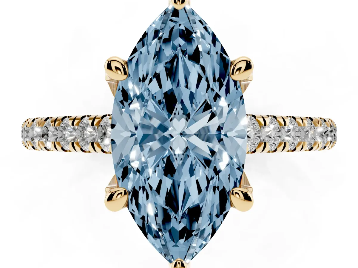 Fancy Blue Marquise Cut Brilliant Diamond Solitaire with Pavé Band and Four-Prong Setting Yellow gold
