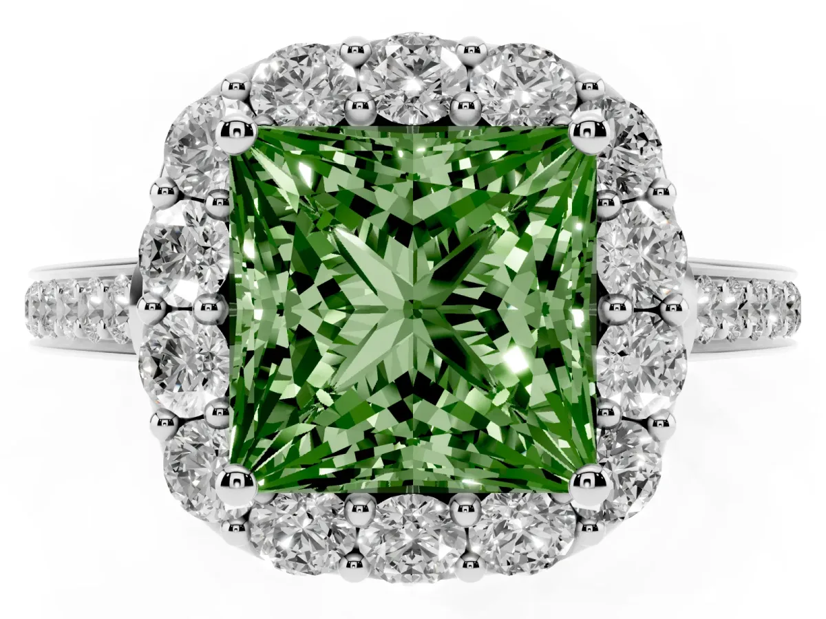 Fancy Green Princess Cut Diamond Floral Halo Ring with Pavé Band and Prong Setting White gold