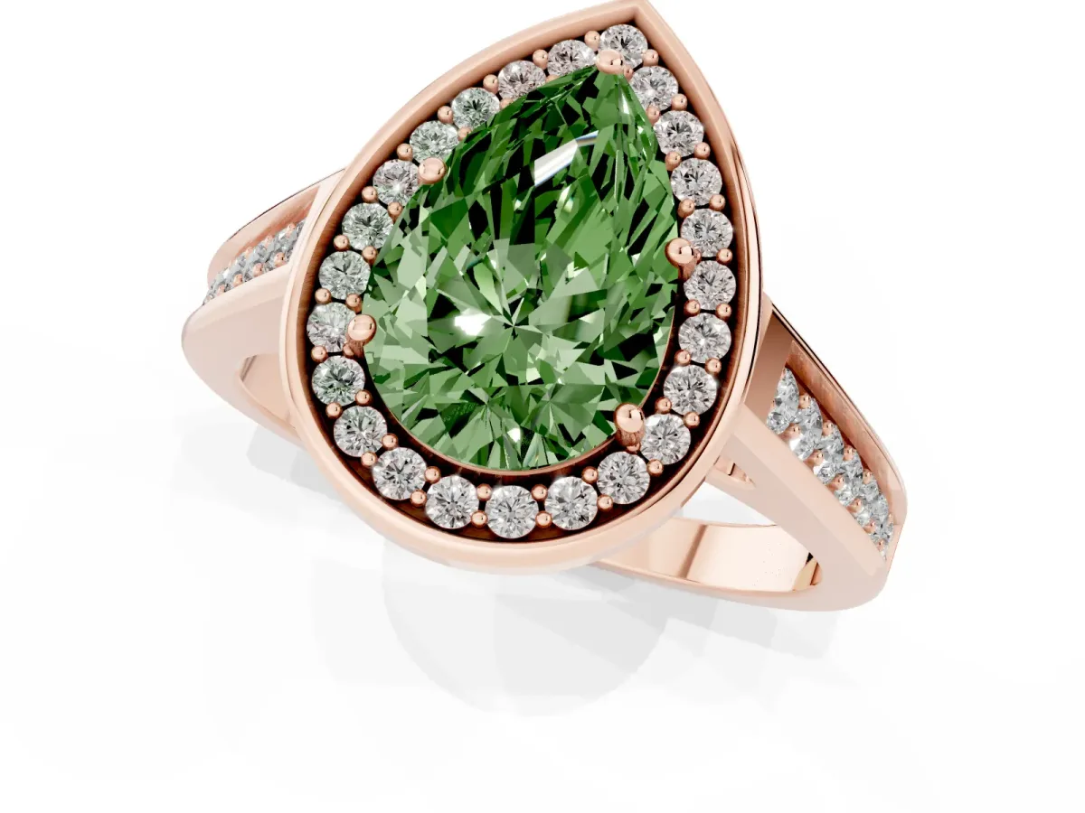Fancy Green Pear Cut Halo Solitaire Diamond Ring with Pave Band and Bezel Setting Rose gold