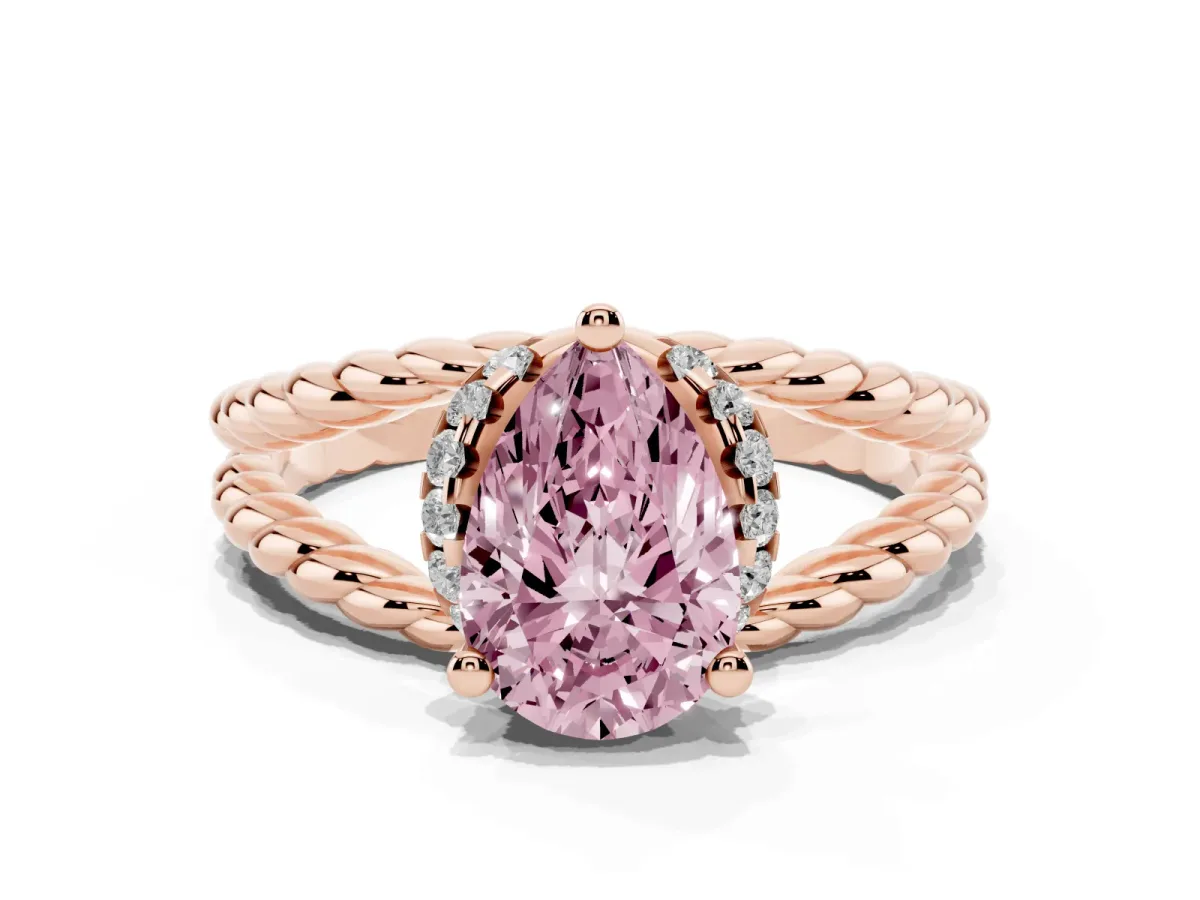 Fancy Pink Pear Cut Halo Twisted Band Four-Prong Ring Rose gold