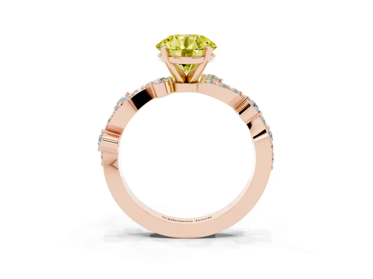 Fancy Yellow Round Cut Cut Solitaire Diamond Twisted Band with Pave Setting Rose gold