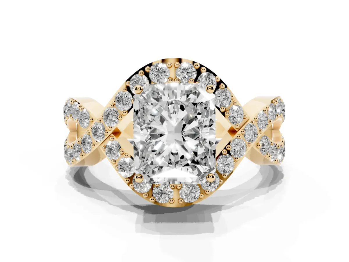 Radiant Cut Solitaire Twist Band Pavé Diamond Engagement Ring Yellow gold