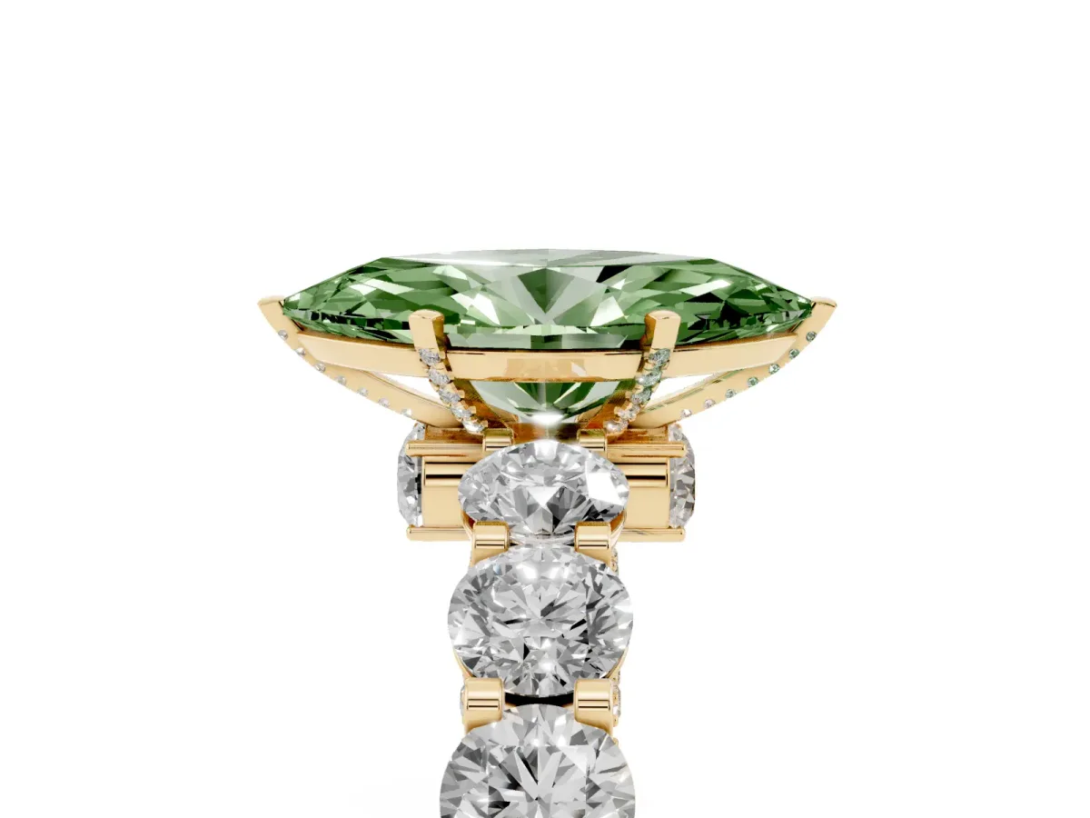 Fancy Green Marquise Cut Diamond Side Stone Engagement Ring with Four-Prong Setting Yellow gold