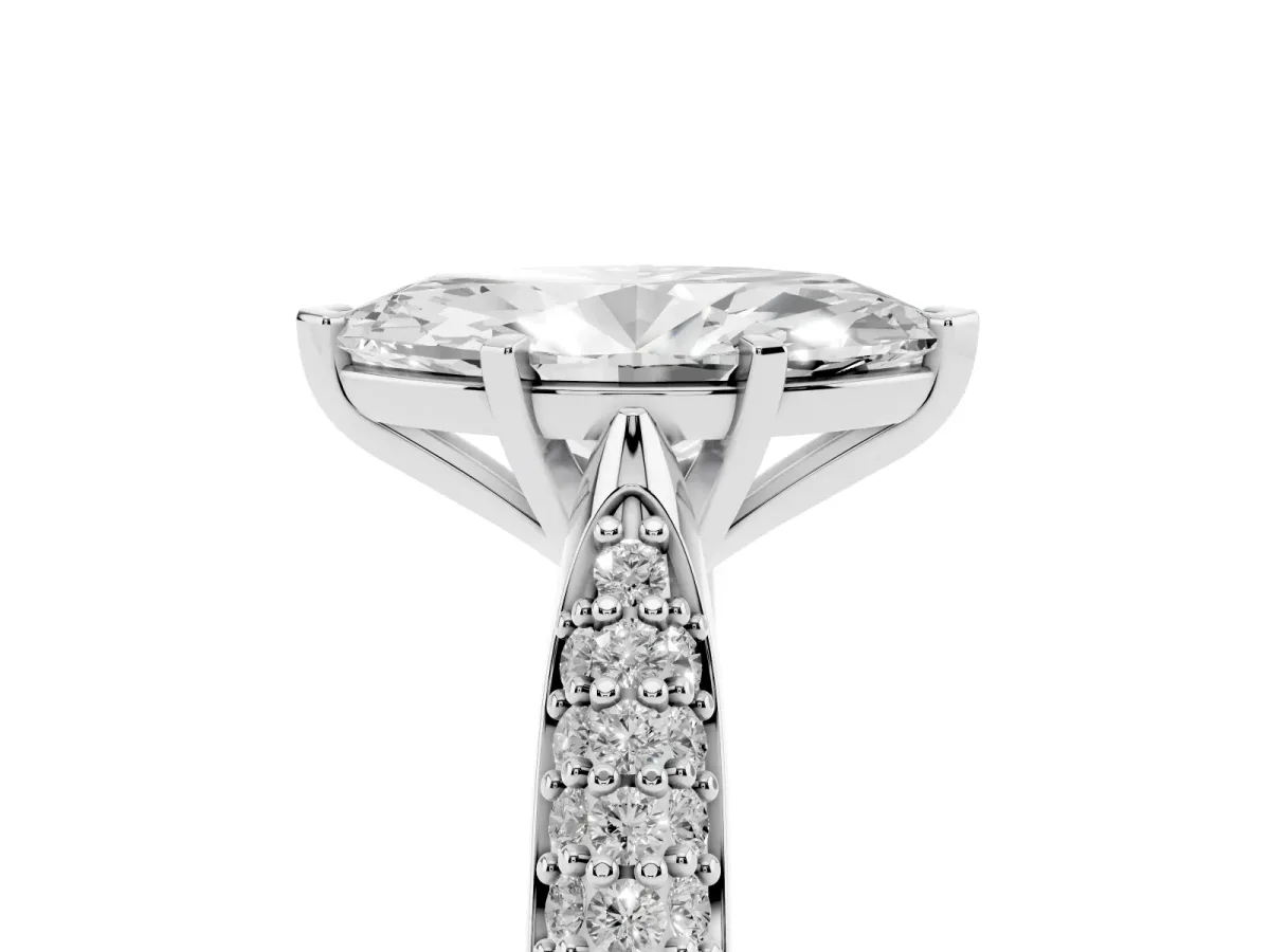 Marquise Cut Diamond Solitaire Engagement Ring with Multi-Row Round Pavé Band and Prong Setting Silver