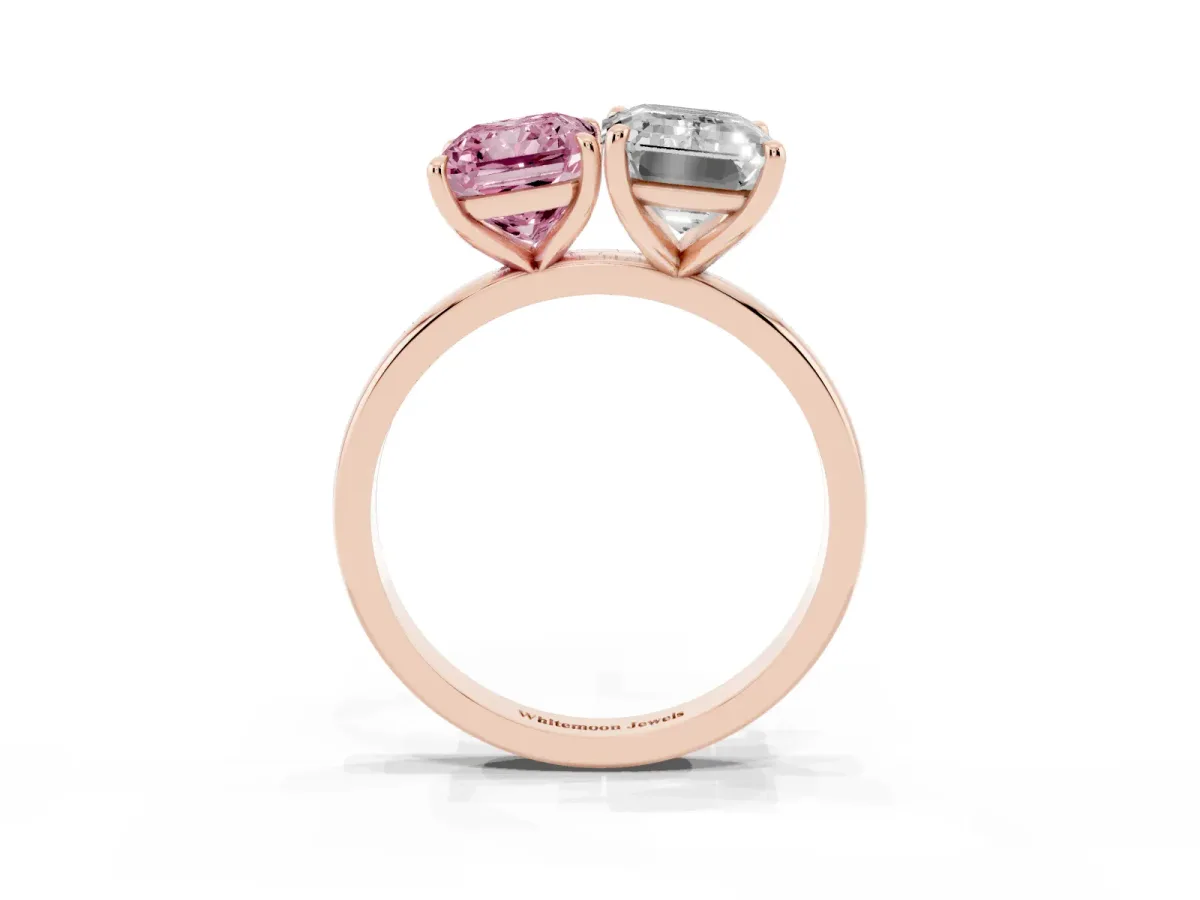 Fancy Pink Radiant Cut and Emerald Cut Toi Moi Ring with Prong Setting Rose gold