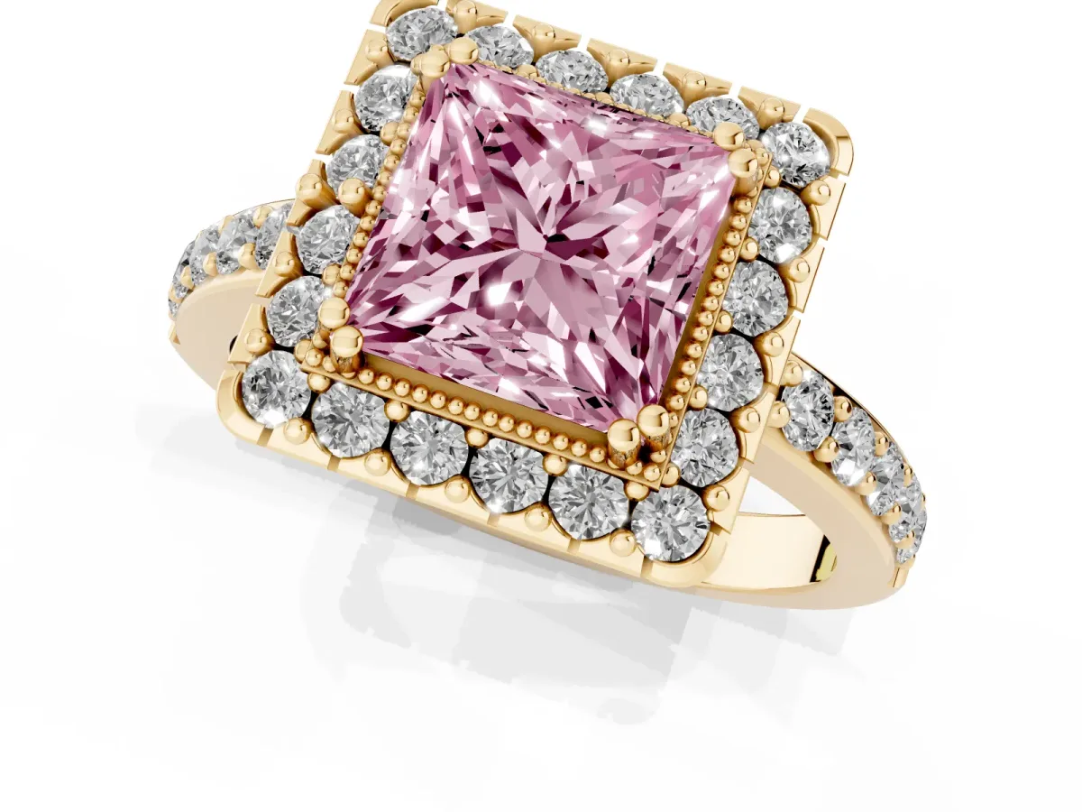 Fancy Pink Princess Cut Diamond Halo Ring with Pavé Band and Prong Setting Yellow gold