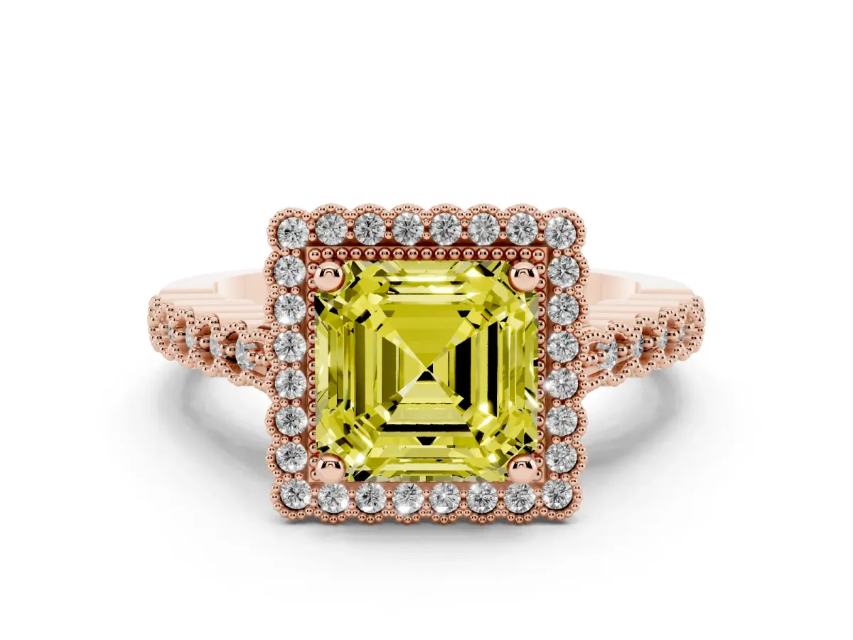 Fancy Yellow Asscher Cut Cut Halo Pavé Solitaire Ring with Milgrain Band Rose gold