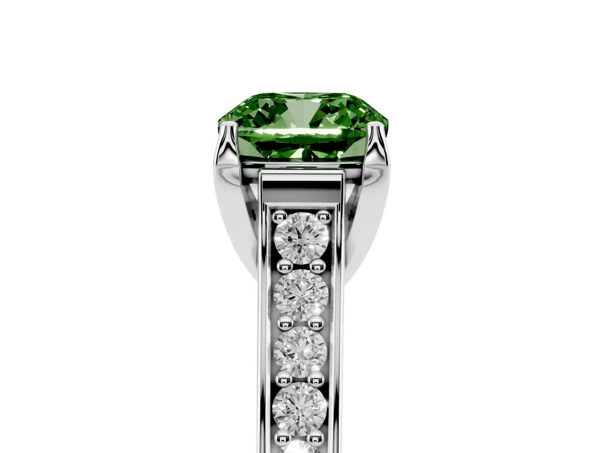 Fancy Green Cushion Cut Brilliant Cut Diamond Engagement Ring with Pavé Band and Four-Prong Setting Platinum