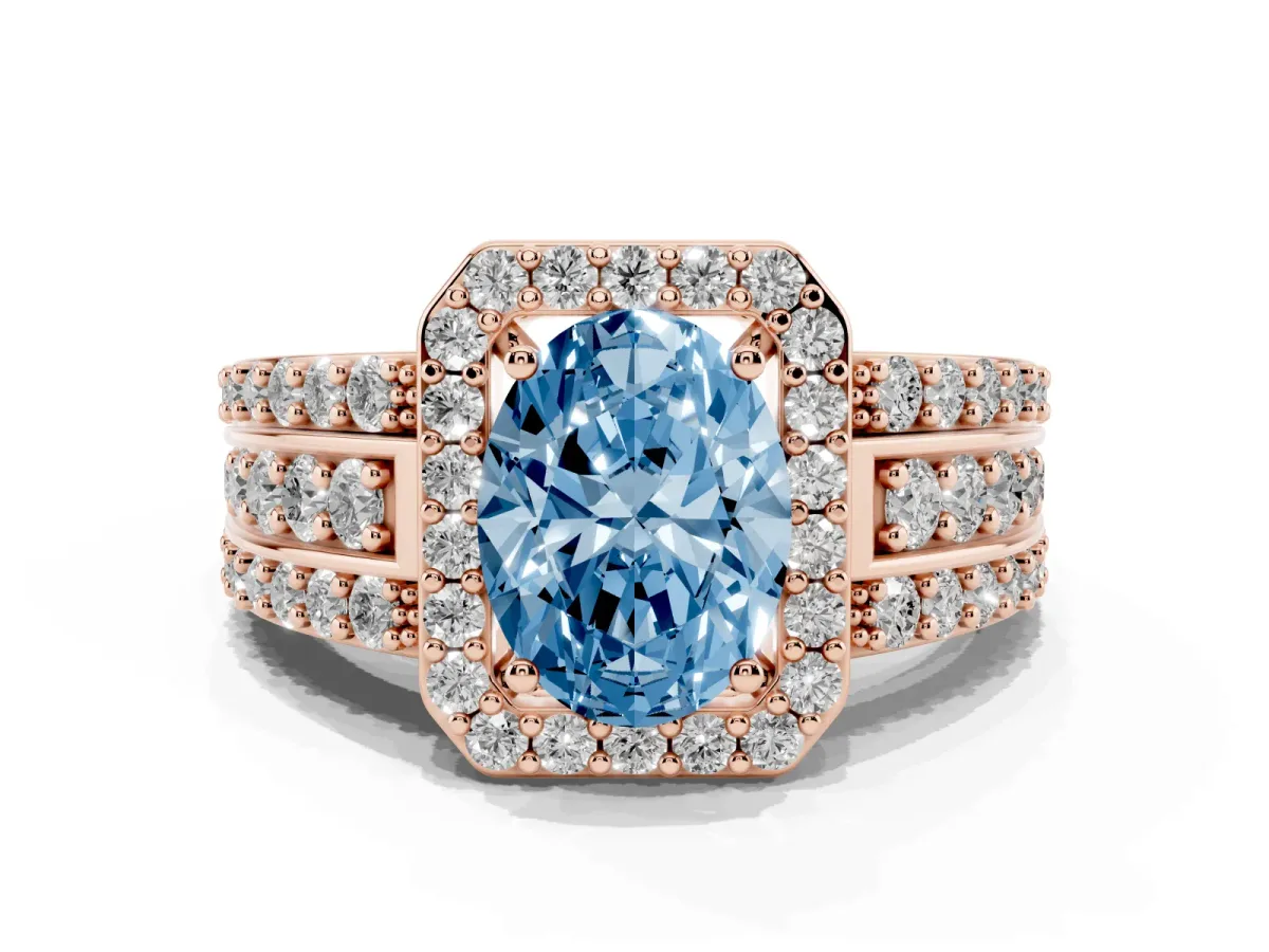 Fancy Blue Oval Cut Halo Diamond Ring with Round Split Shank and Prong Setting Rose gold
