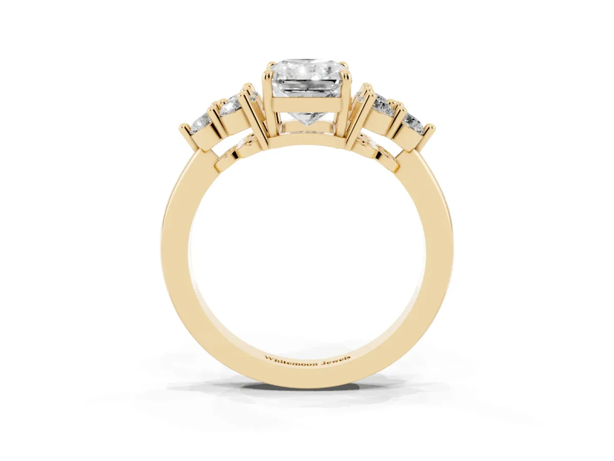Radiant Cut Brilliant Diamond Cluster Accent Solitaire Ring with Prong Setting Yellow gold