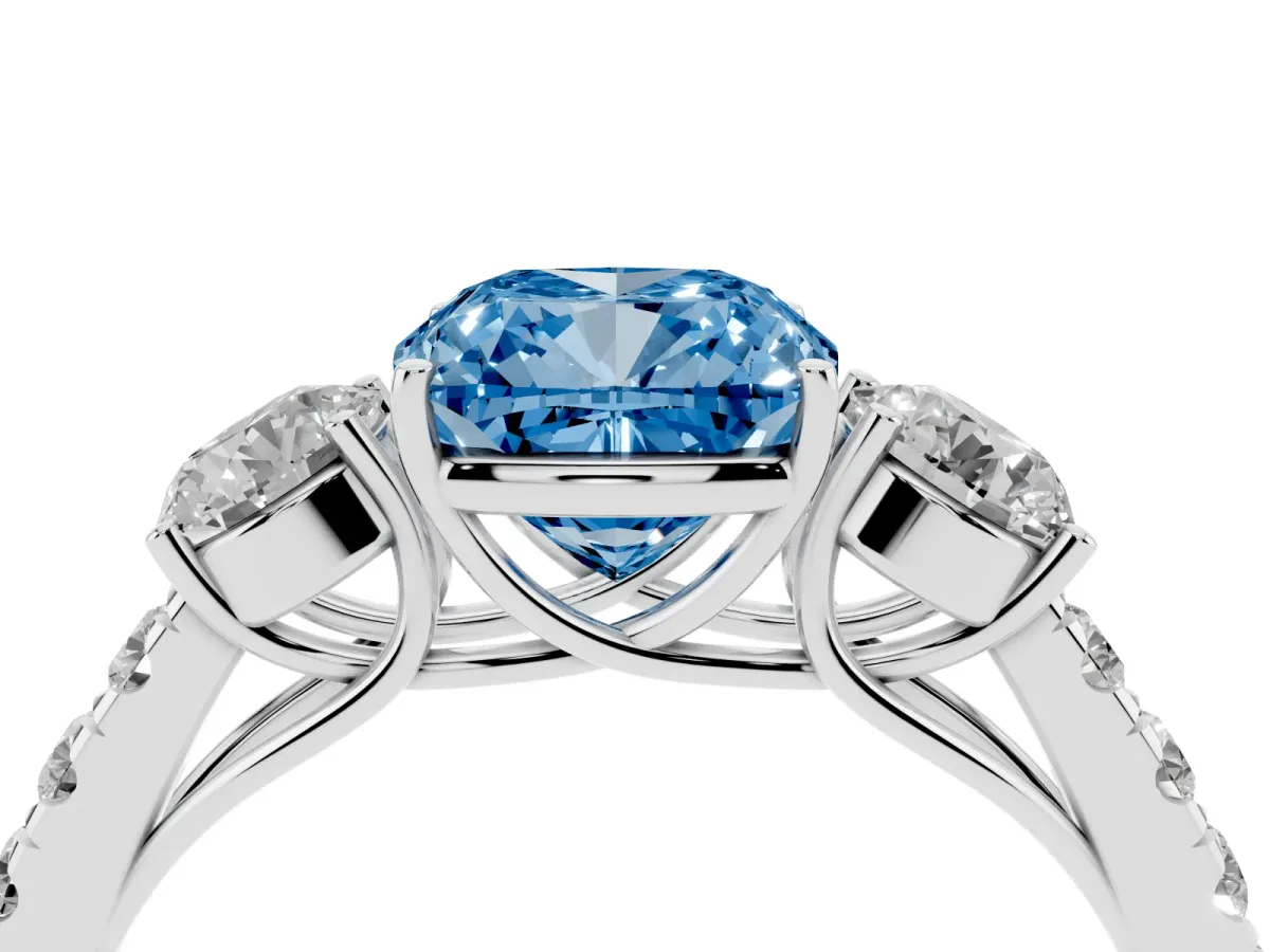 Fancy Blue Cushion Cut Cut Diamond Three-Stone Ring with Round Side Stones and Pavé Band Silver