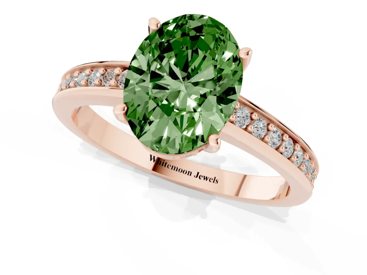 Fancy Green Oval Cut Solitaire Pavé Band Prong Setting Ring Rose gold