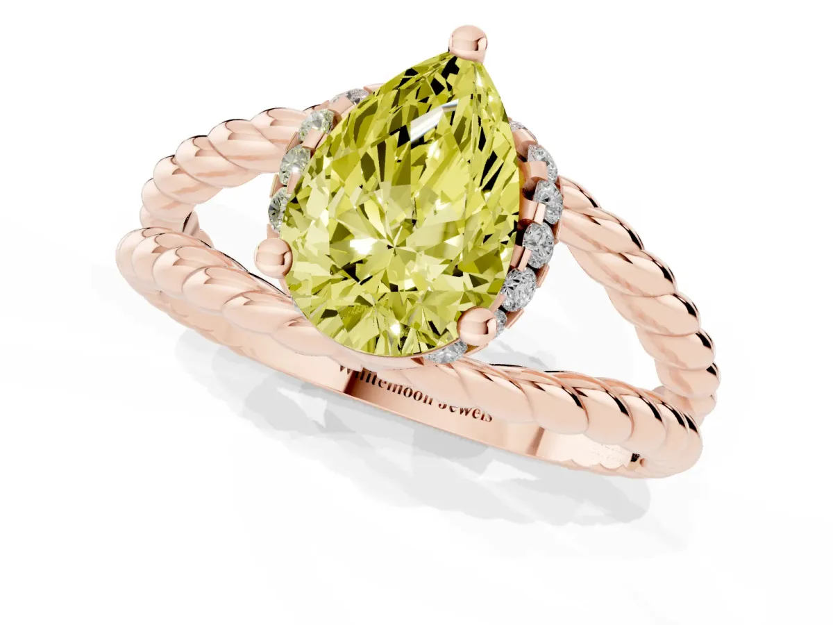 Fancy Yellow Pear Cut Halo Twisted Band Four-Prong Ring Rose gold