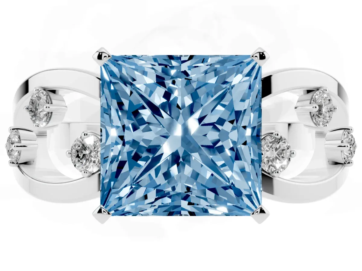Fancy Blue Princess Cut Cut Solitaire Diamond with Side Stones on Criss-Cross Band and Four-Prong Setting White gold