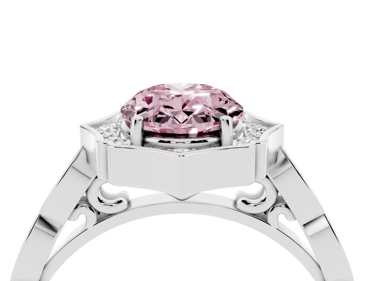 Fancy Pink Oval Cut Halo Diamond Engagement Ring with Milgrain Band and Four-Prong Setting Platinum