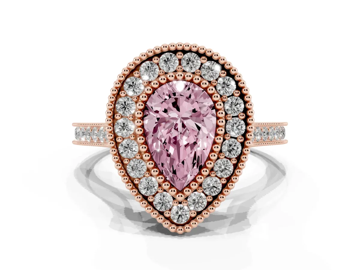 Fancy Pink Pear Cut Diamond Halo Ring with Milgrain Frame and Pavé Band Rose gold