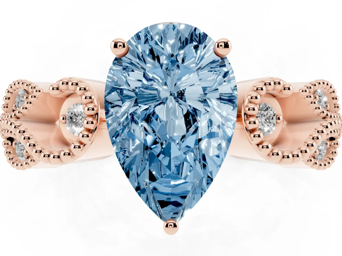 Fancy Blue Pear Cut Solitaire Milgrain Leaf Band with Prong Setting Rose gold