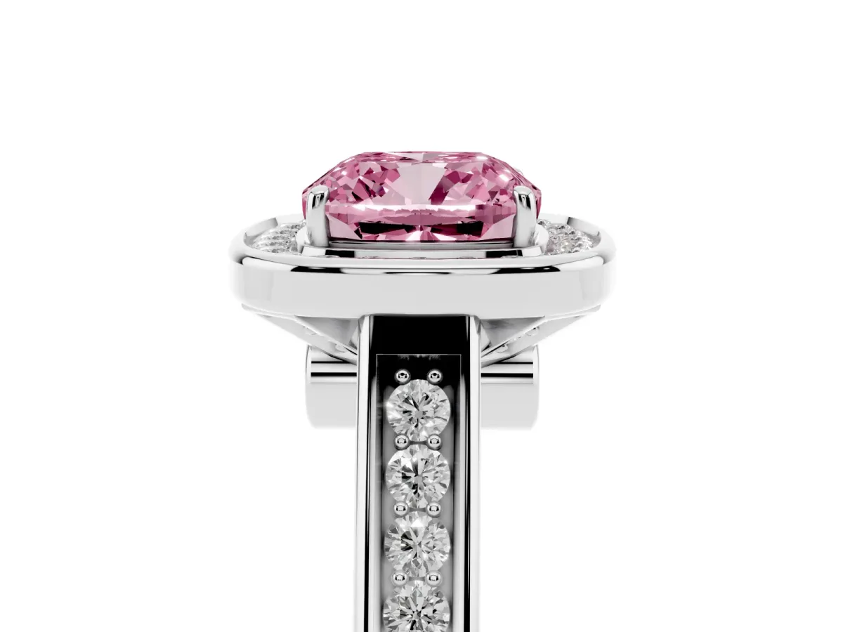 Fancy Pink Cushion Cut Halo Solitaire Diamond Ring with Pave Band and Bezel Setting Platinum