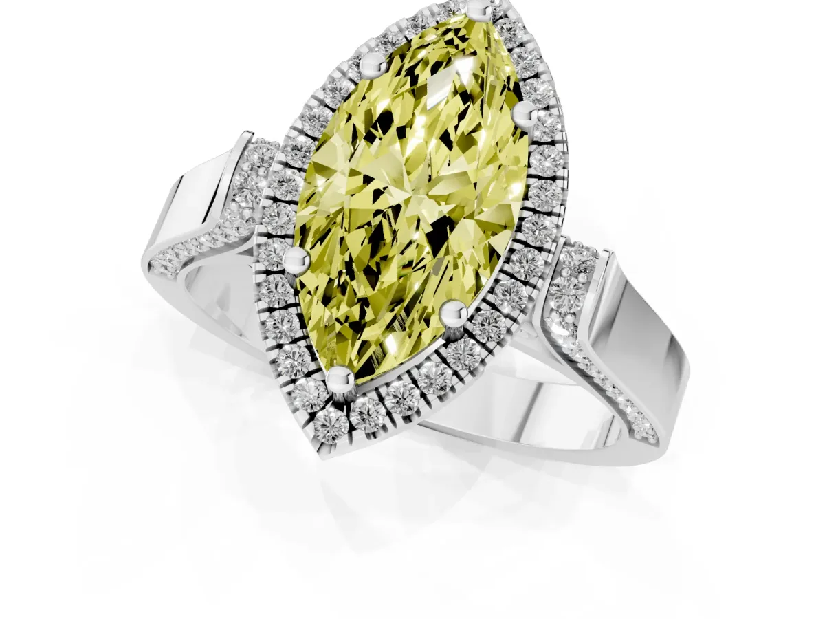 Fancy Yellow Marquise Cut Halo Round Diamond Twist Band with Four-Prong Setting Platinum