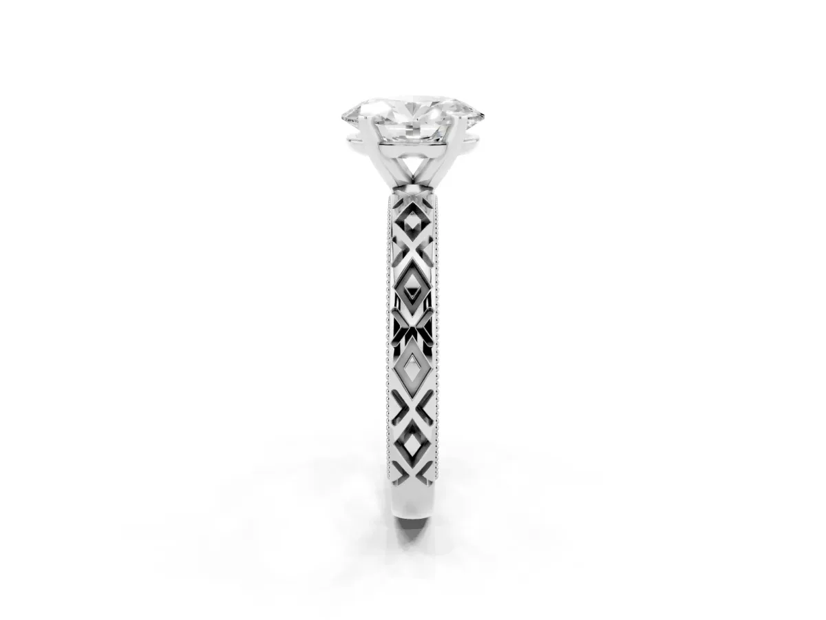 Oval Cut Solitaire Diamond Ring with Milgrain and Black Enamel X Pattern Band Silver
