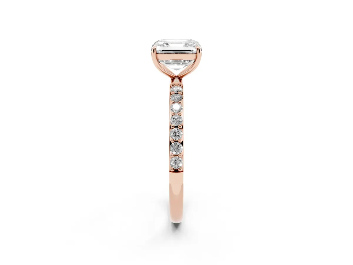 Asscher Cut Diamond Solitaire Ring with Round Pavé Shoulders and Prong Setting Rose gold