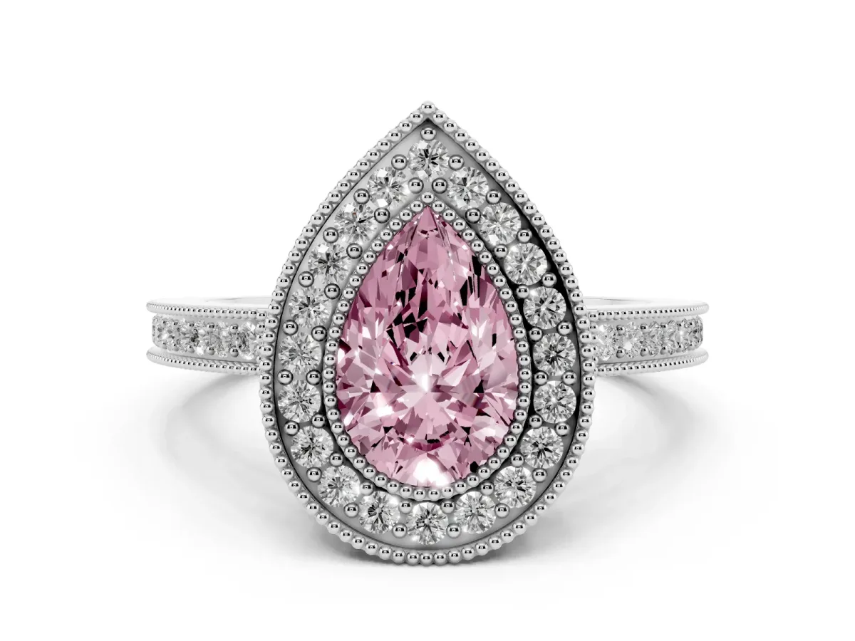 Fancy Pink Pear Cut Cut Halo Diamond Ring with Pavé Band and Milgrain Prong Setting Platinum