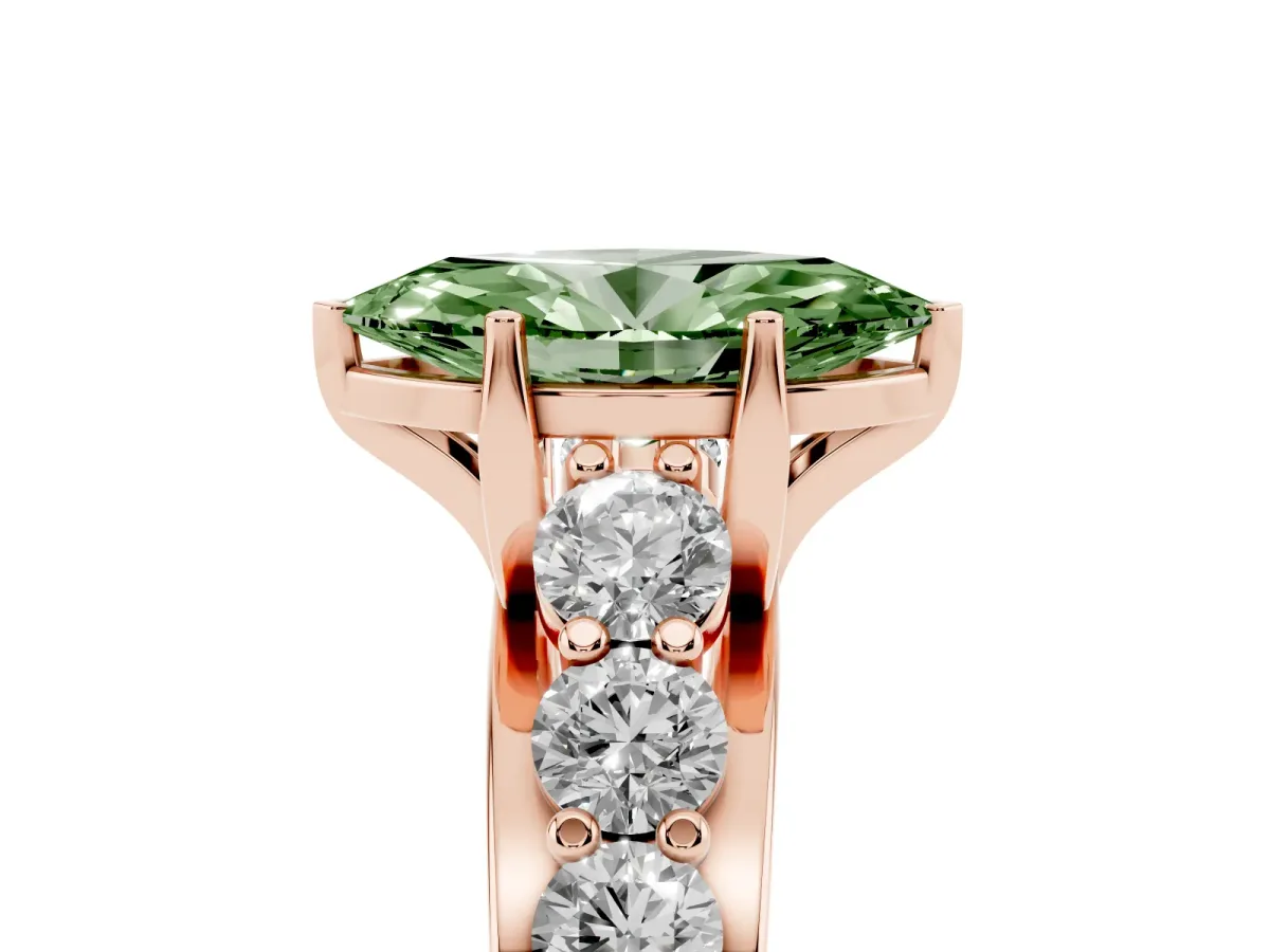 Fancy Green Marquise Cut Diamond Engagement Ring with Pavé Band and Four-Prong Setting Rose gold