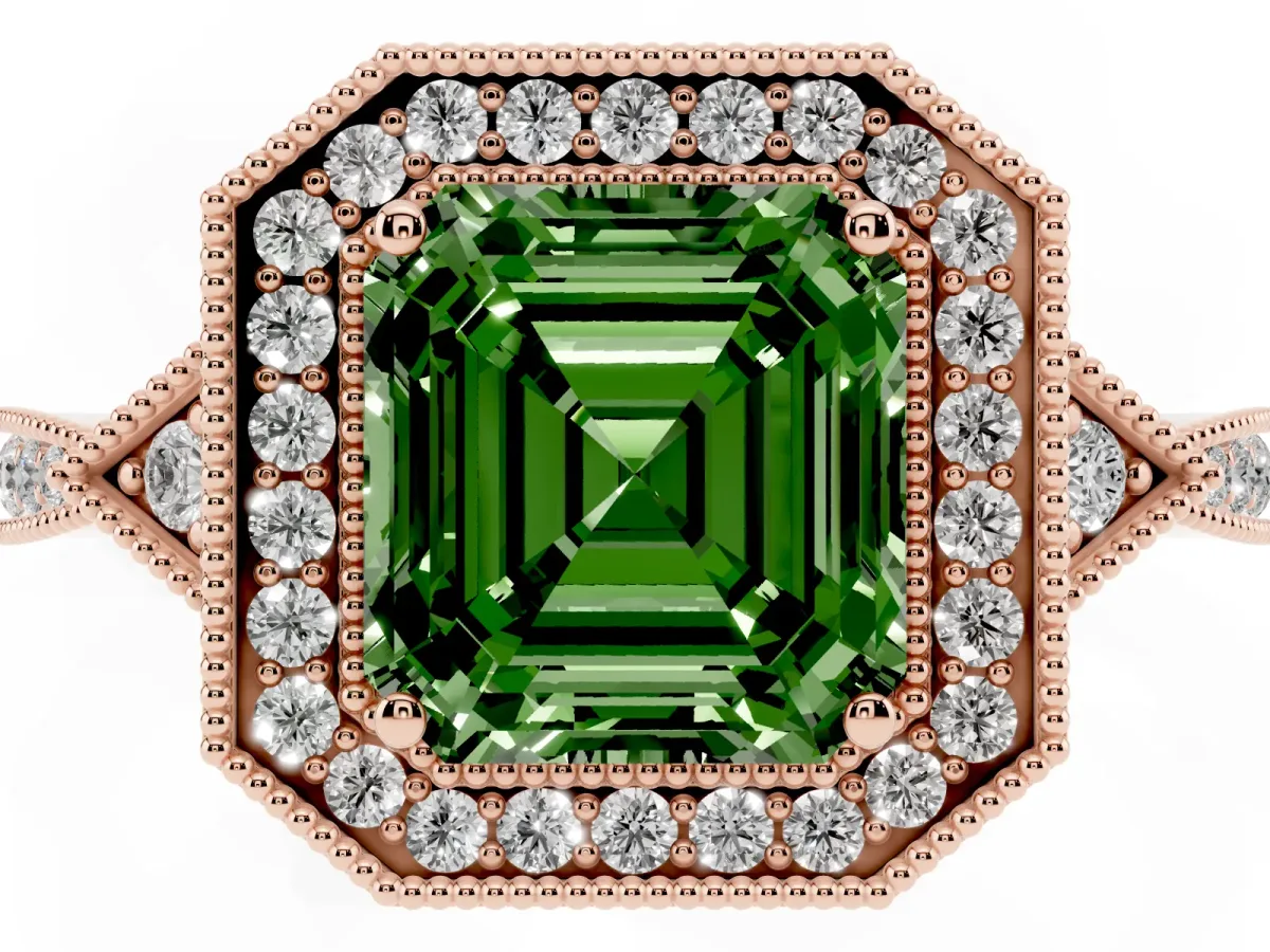 Fancy Green Asscher Cut Halo Round Diamond Milgrain Pave Engagement Ring Rose gold
