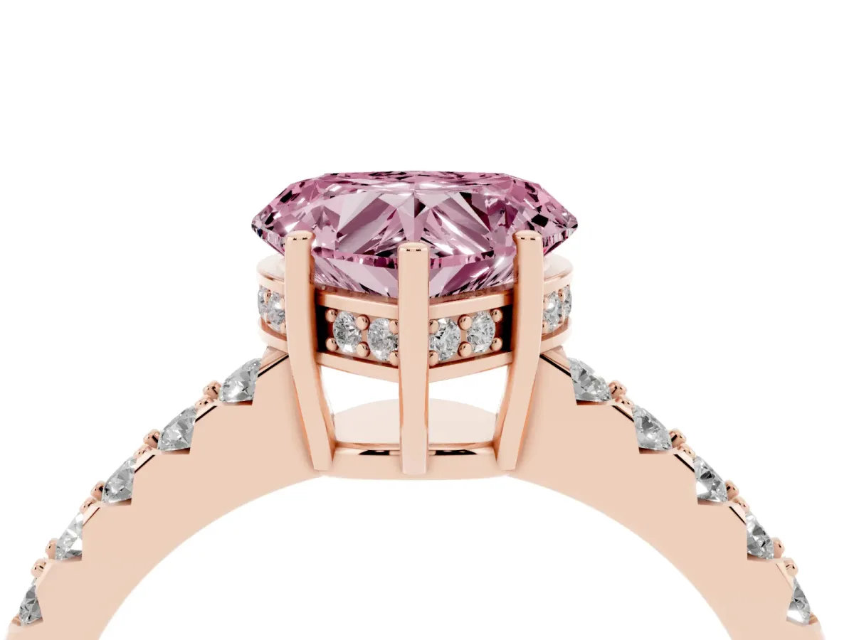 Fancy Pink Heart Cut Solitaire Diamond Engagement Ring with Pavé Band and Six-Prong Setting Rose gold
