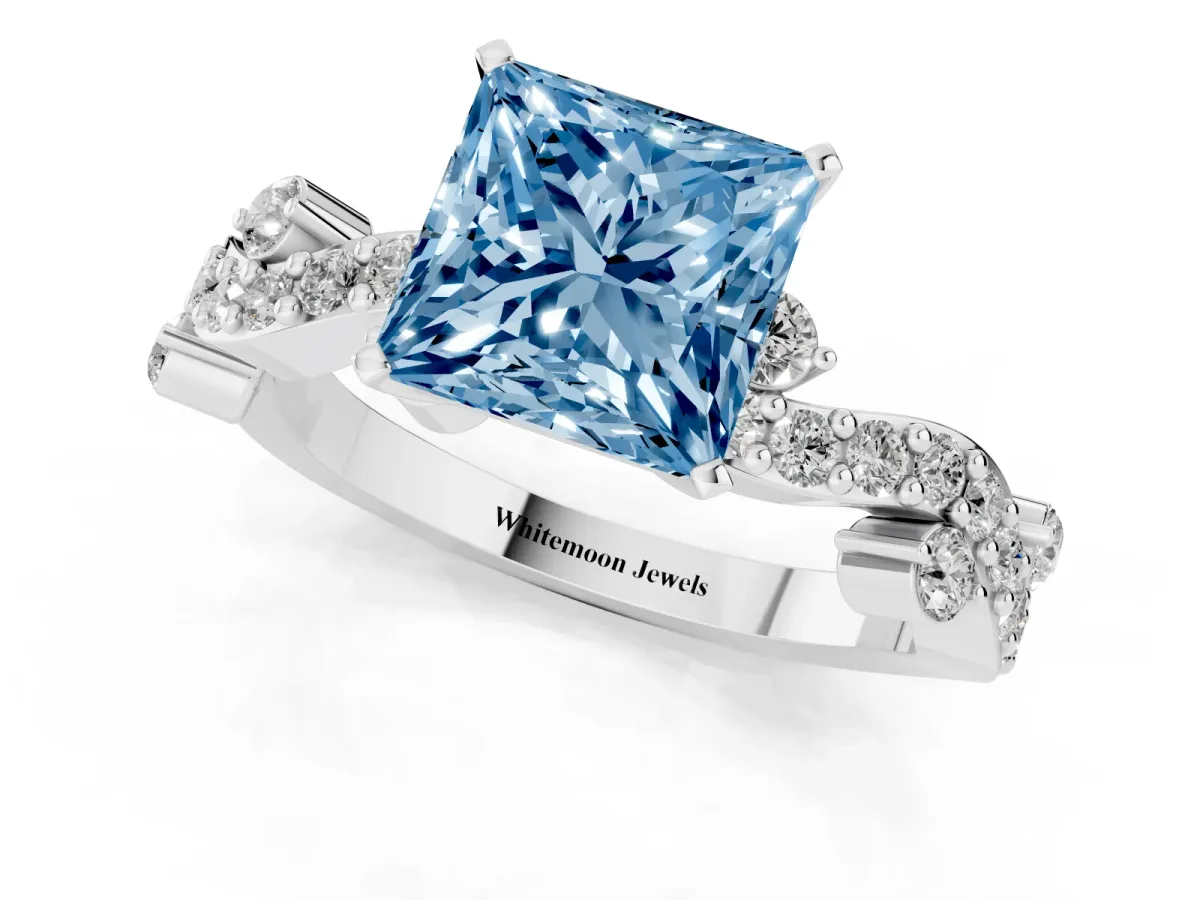 Fancy Blue Princess Cut Cut Solitaire Diamond Twisted Band with Pave Setting Silver