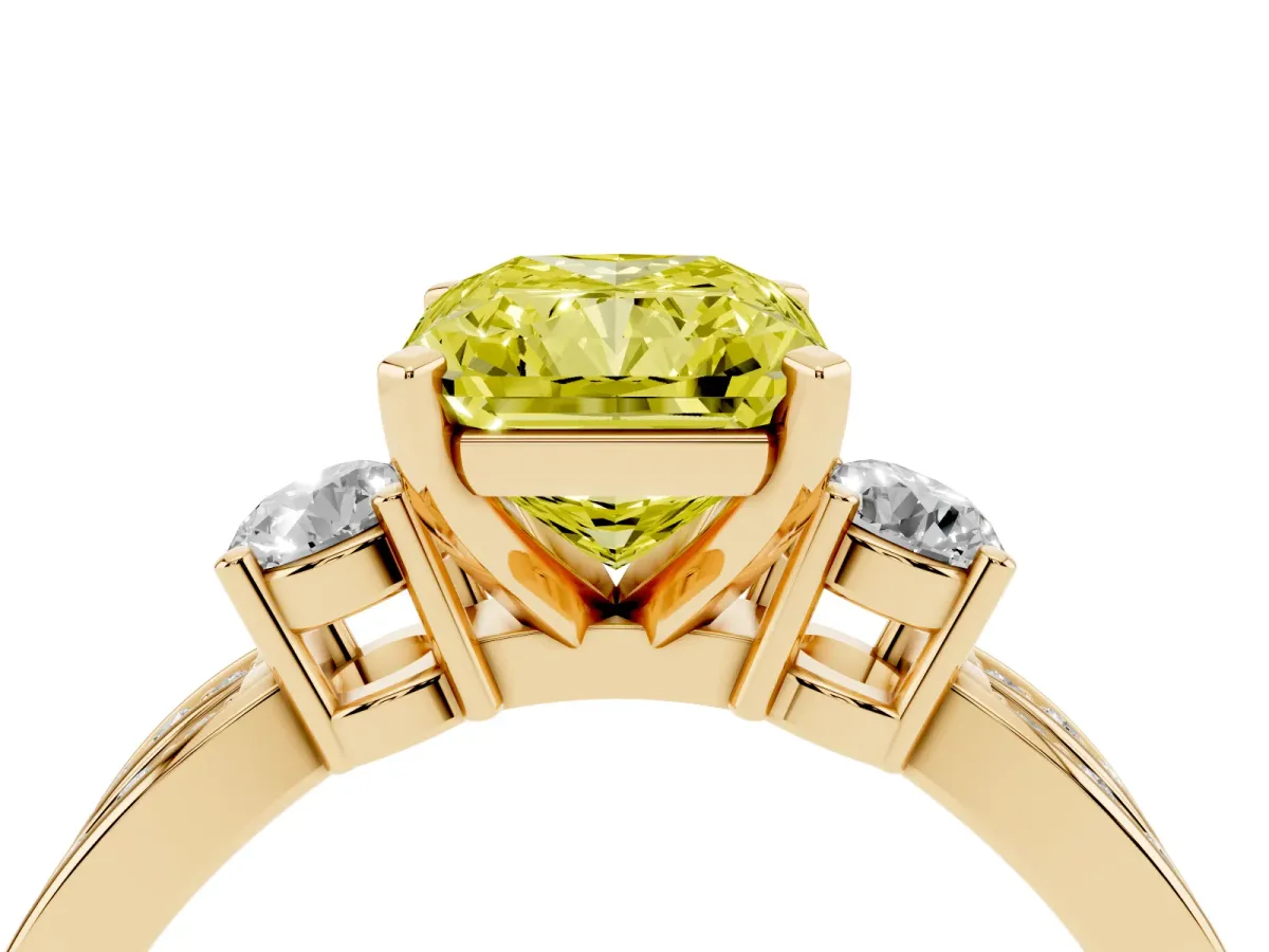 Fancy Yellow Three-Stone Radiant Cut Cut Diamond Twist Band with Prong Setting Yellow gold