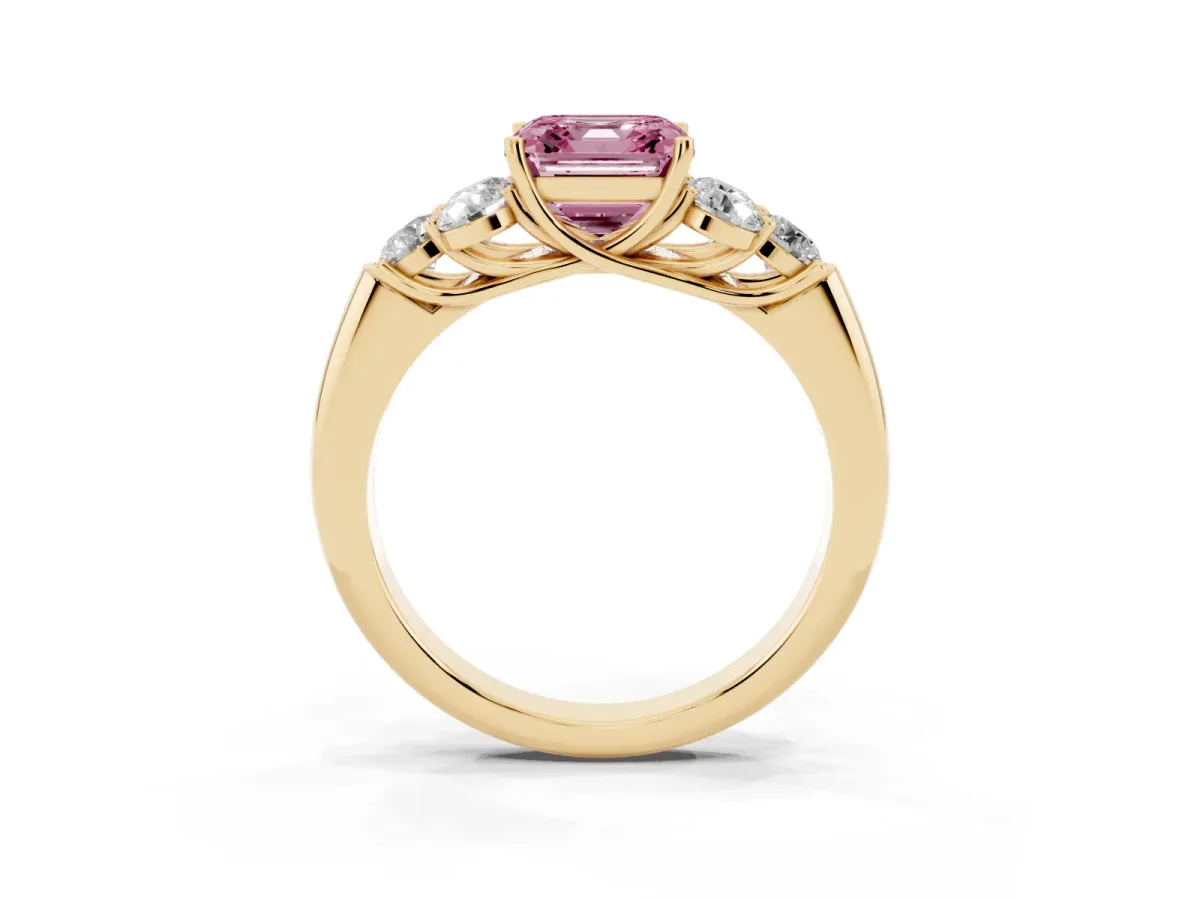 Fancy Pink Asscher Cut Cut Diamond Cluster Ring with Round Accent Stones and Prong Setting on a Classic Band Yellow gold