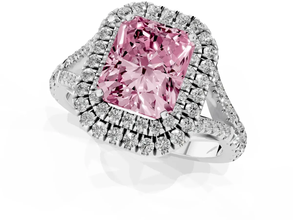 Fancy Pink Radiant Cut Diamond Double Halo Ring with Split Shank and Prong Setting Platinum