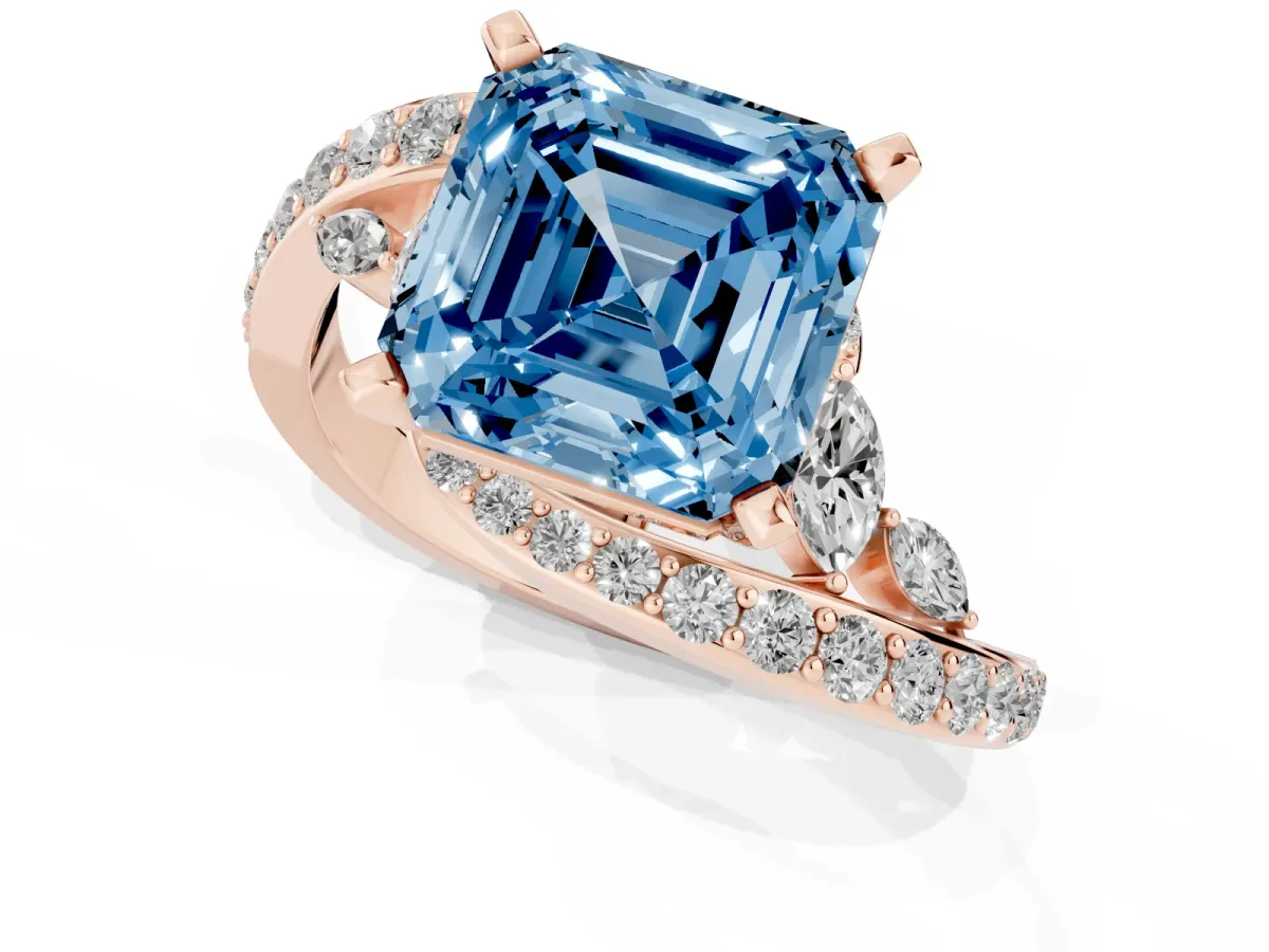 Fancy Blue Asscher Cut Solitaire with Pavé Twist Band and Four-Prong Setting Rose gold