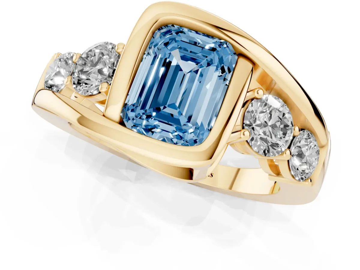 Fancy Blue Bezel Set Emerald Cut Diamond Bypass Ring with Round Accents Yellow gold