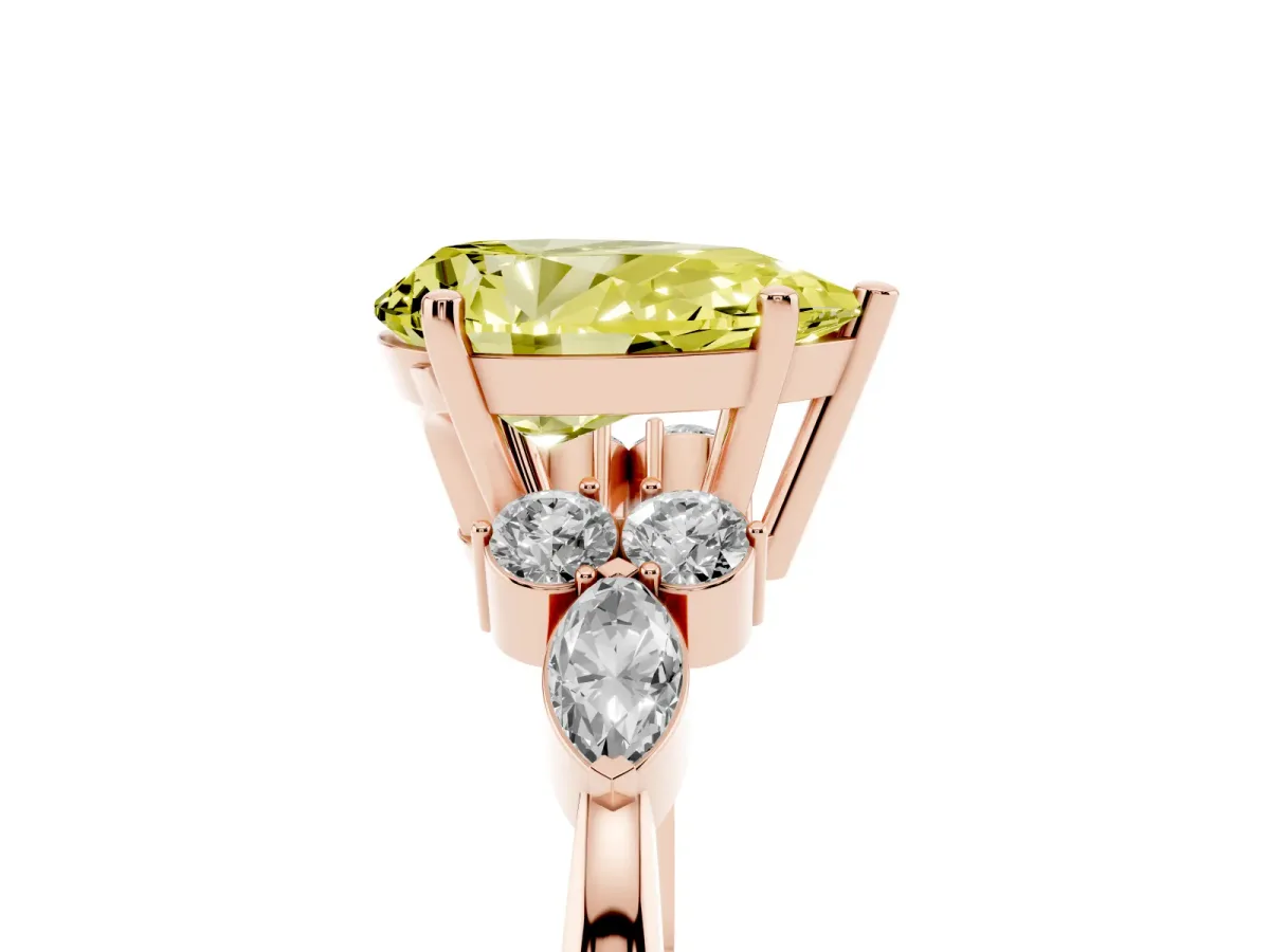 Fancy Yellow Pear Cut Brilliant Diamond Solitaire Ring with Pear Side Stones and Four-Prong Setting Rose gold