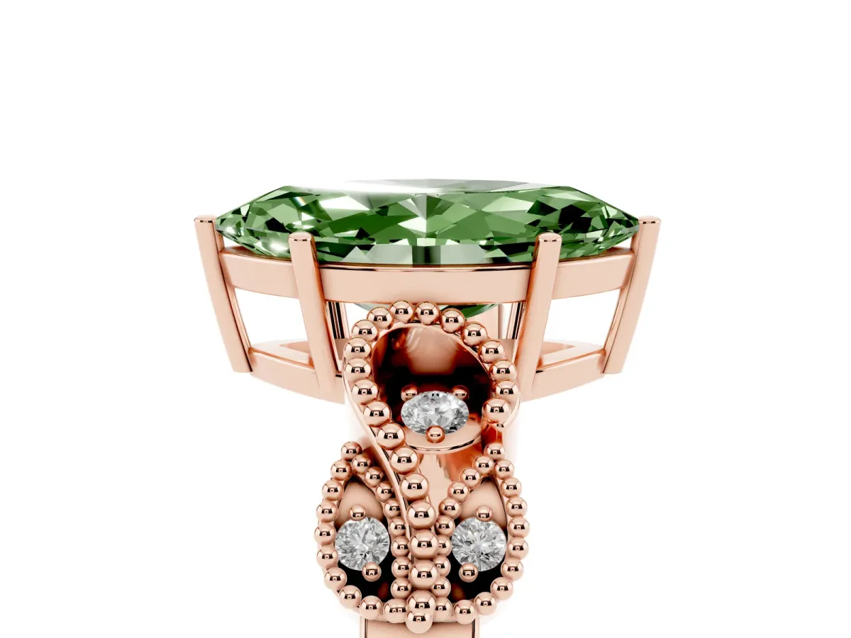 Fancy Green Marquise Cut Solitaire Milgrain Leaf Band with Prong Setting Rose gold