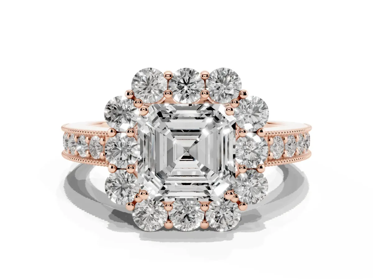 Asscher Cut Cut Halo Diamond Pavé Engagement Ring with Milgrain Detailing Rose gold