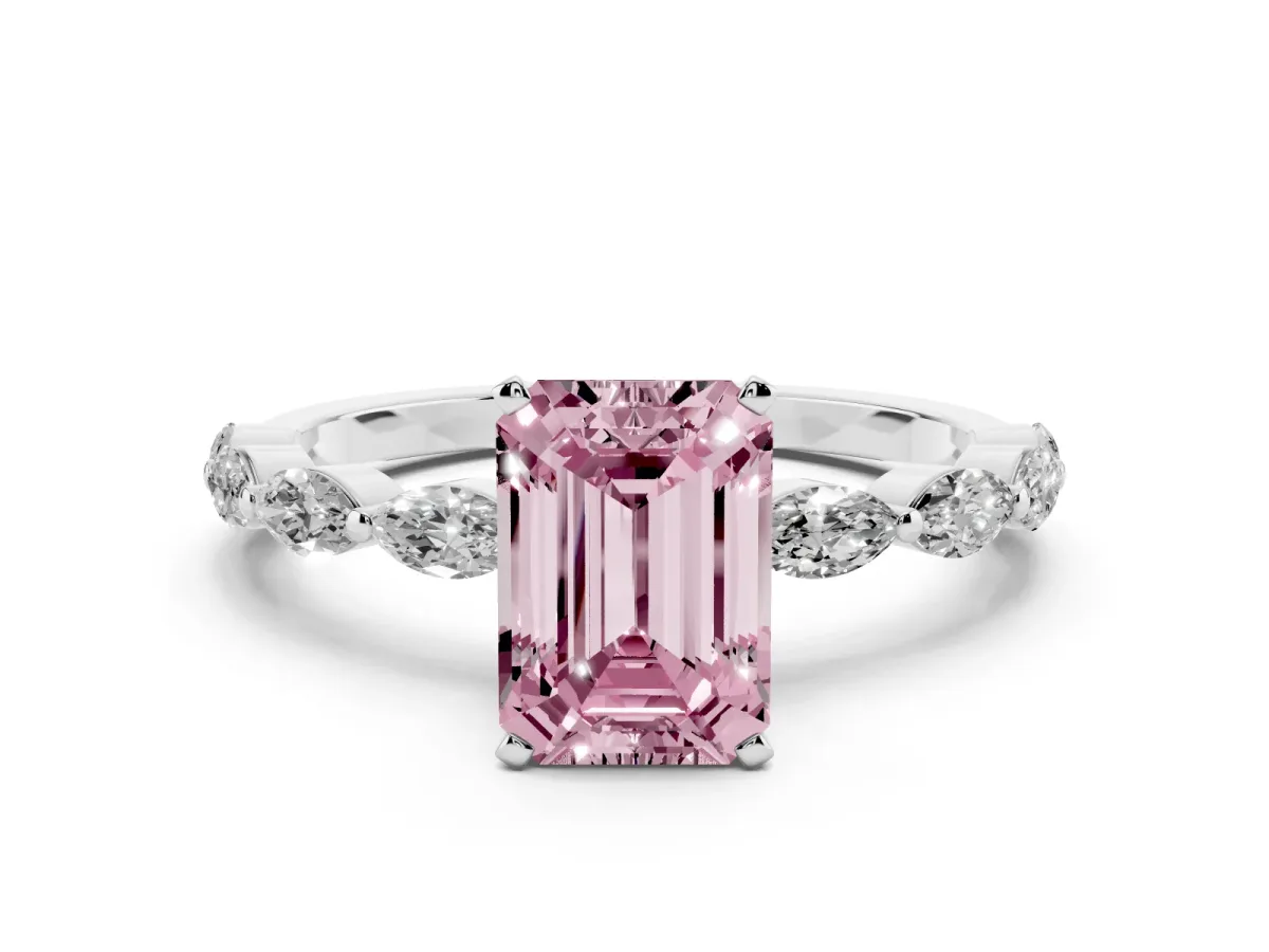 Fancy Pink Emerald Cut Diamond Ring with Marquise Side Stones and Prong Setting White gold