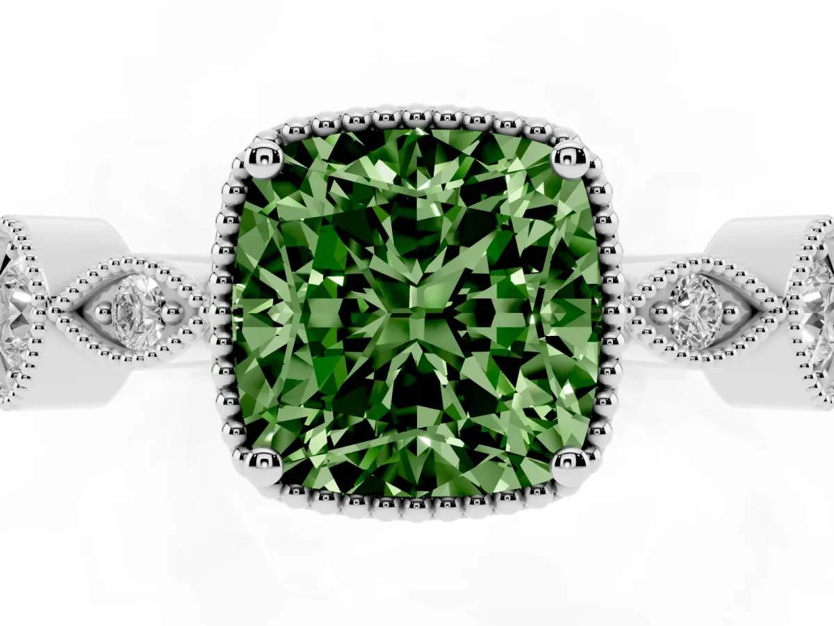 Fancy Green Cushion Cut Diamond Vintage Milgrain Ring with Round Stations Silver
