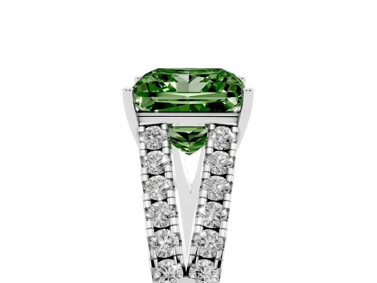 Fancy Green Princess Cut Diamond Split Shank Engagement Ring with Round Pavé and Prong Setting Silver