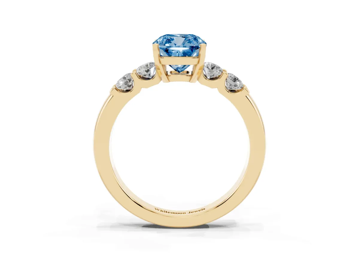 Fancy Blue Cushion Cut Brilliant Cut Diamond Five-Stone Prong Set Engagement Ring with Channel Band Yellow gold