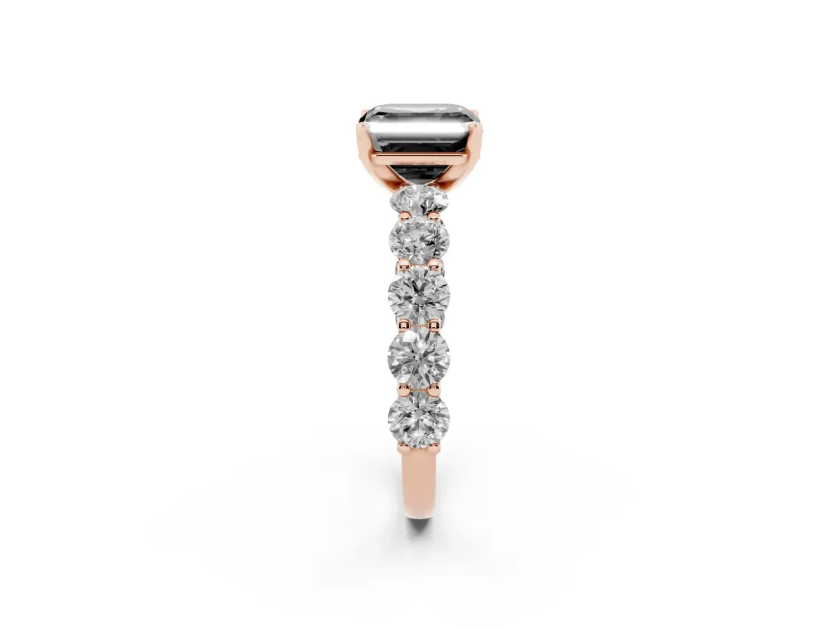 Fancy Black Asscher Cut Diamond Prong Setting with Side Stones on a Pave Band Rose gold