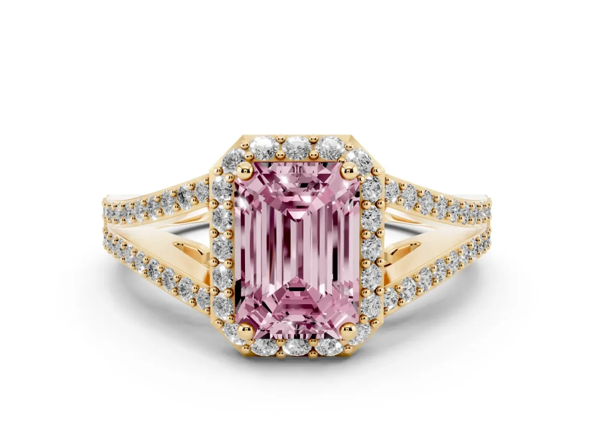 Fancy Pink Emerald Cut Halo Split Shank Diamond Ring with Prong Setting Yellow gold