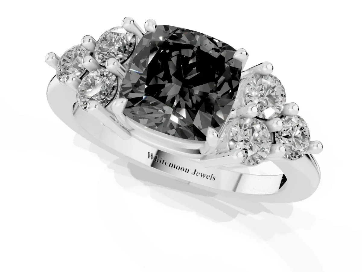 Fancy Black Cushion Cut Brilliant Diamond Cluster Accent Solitaire Ring with Prong Setting Silver